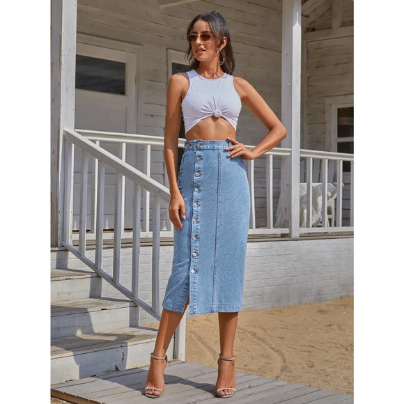 Button Front Longline Denim midi Skirt - Picture 3 of 12
